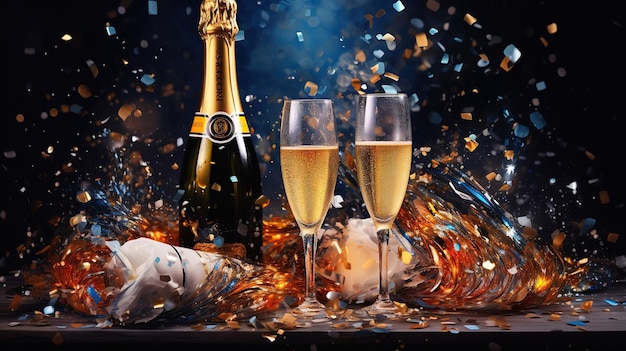 Champagne per applausi festivi con sfondo bokeh dorato scintillante Ai generativa