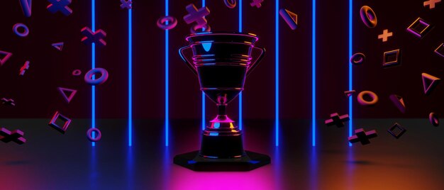 Champion Cup award torneo videogioco di giochi di fantascienza rosso blu vs esports backgound vr simulazione di realtà virtuale e scena metaverse stand piedistallo stadio 3d rendering illustrazione