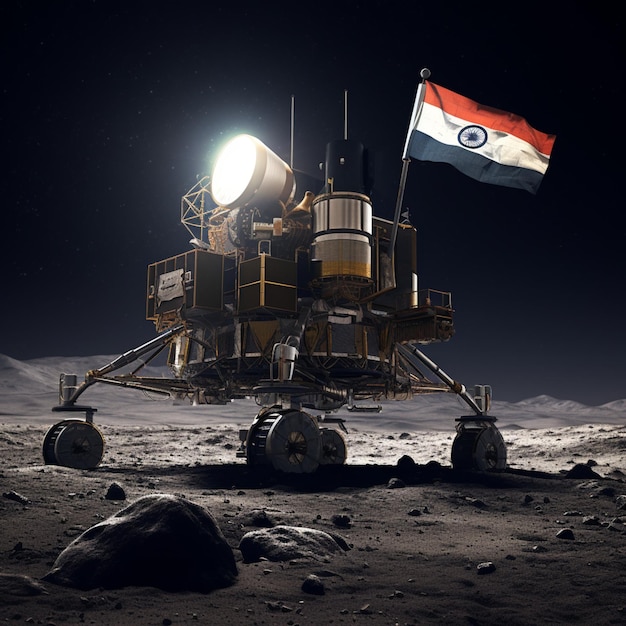 Chandrayaan 3 atterraggio morbido sulla luna con bandiera indiana