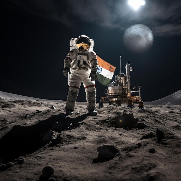 Chandrayaan 3 atterraggio morbido sulla luna con bandiera indiana