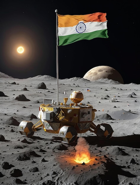 Chandrayaan 3 atterraggio morbido sulla luna con bandiera indiana