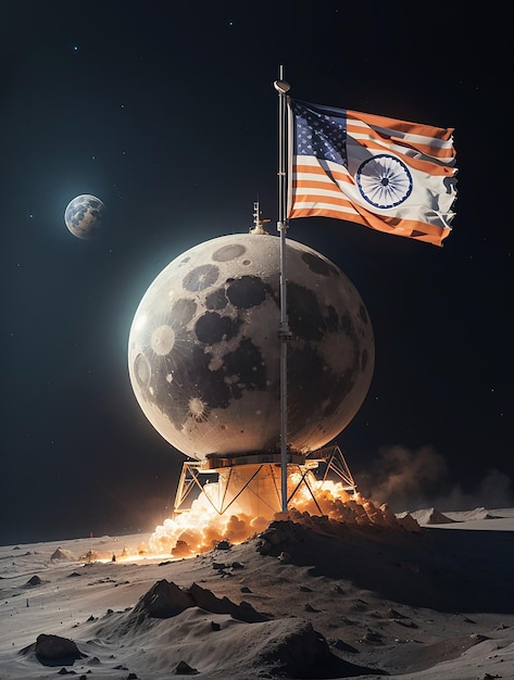 Chandrayaan 3 atterraggio morbido sulla luna con bandiera indiana
