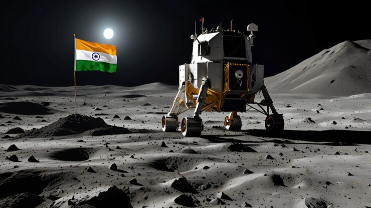 Chandrayaan soft landing on the moon with Indian flag Ai generated