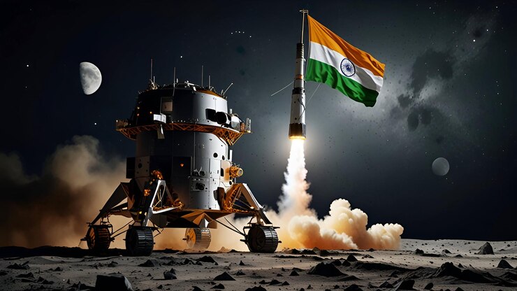 Chandrayaan soft landing on the moon with Indian flag Ai generated