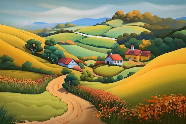 Charme della campagna Dipingere una campagna pacifica Un dipinto ad acquerello che raffigura una scena di paesaggio rurale AI generativa