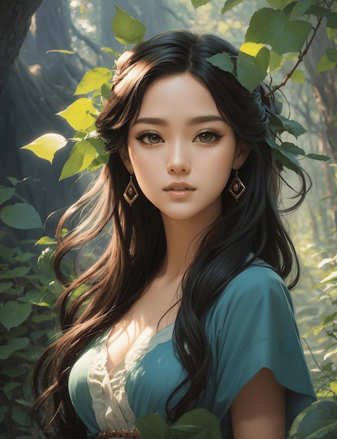 Charming Chinese Girl in a Woodland Setting Fantasy Art