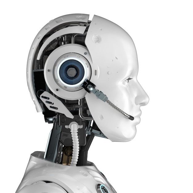 Chat bot concept con rendering 3d robot umanoide con auricolare