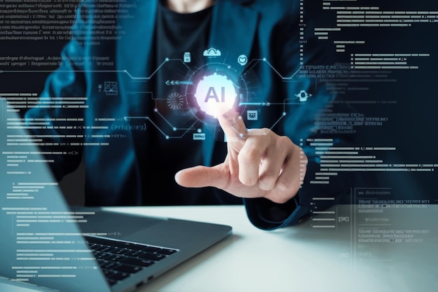 Chatbot artificial intelligent digital customer service application concept Man use computer mobil