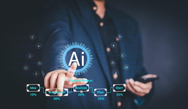 Chatbot Chat con AI Intelligenza artificiale uomo utilizzando tecnologia robot intelligente AI intelligenza artificiale inserendo il prompt dei comandi per genera qualcosa trasformazione tecnologica futuristica