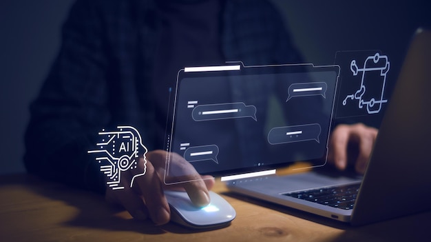 Chatbot concetto di applicazione di servizio digitale al cliente intelligente artificiale uomo utilizzare computer mobile