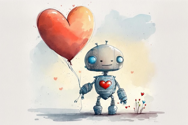 Chatbot e app di appuntamenti Tecnologia AI e app di appuntamenti L'amore nell'era dell'IA App di appuntamenti Robot innamorato del palloncino a forma di cuore tra le mani AI generativa