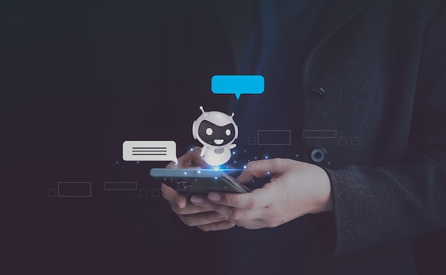 ChatbotAI Intelligenza artificiale Uomo che chatta con l'assistente digitale bot su telefono cellulare Tecnologia di comunicazione digitale Futuro dell'azienda servizio di applicazioni intelligenti rete di innovazione di messaggistica online