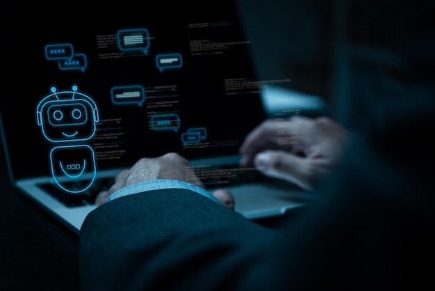 ChatGPT Chat con AI o Intelligenza Artificiale Applicazione di robot chatbot digitale OpenAI generare tecnologia futuristica Uomo che utilizza un computer portatile su schermo virtuale concetto di gpt chat