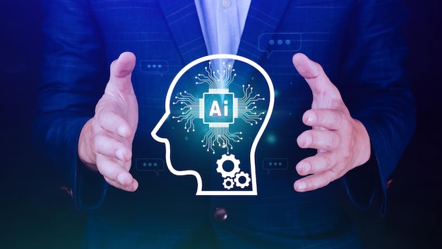 ChatGPT Chat con AI o Intelligenza Artificiale utilizzando l'icona AI touch su applicazione di robot schermo virtuale Chatbot digitale OpenAI generare concetto di tecnologia futuristica