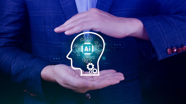 chatgpt chat with ai or artificial intelligence using touch ai icon on virtual screen robot application digital chatbot openai generate futuristic technology concept