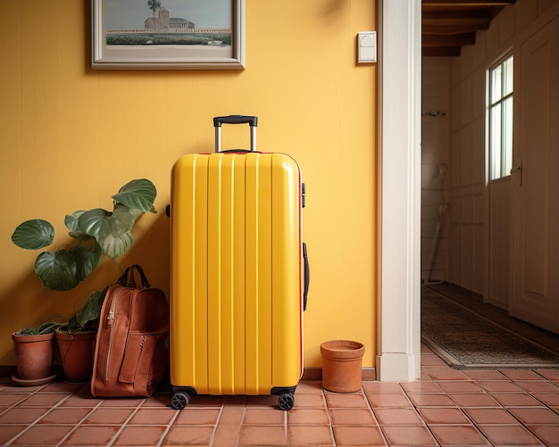 Check-in per l'appartamento valigia gialla vicino alla porta d'ingresso inizio vacanza