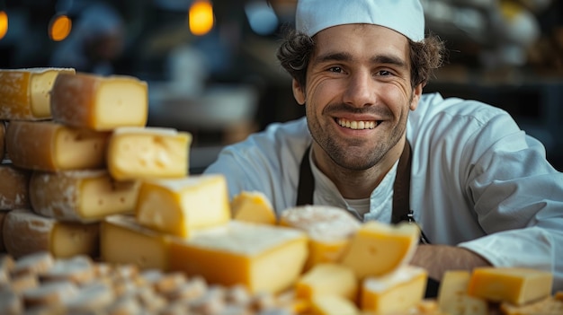 Cheerful Cheese Maker posa con i formaggi artigianali nel negozio