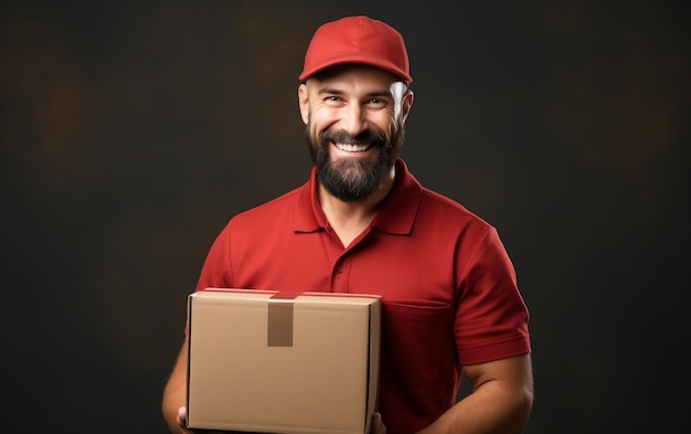 Cheerful Delivery Guy con la scatola in mano AI