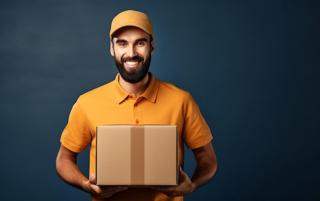 Cheerful Delivery Guy con la scatola in mano AI