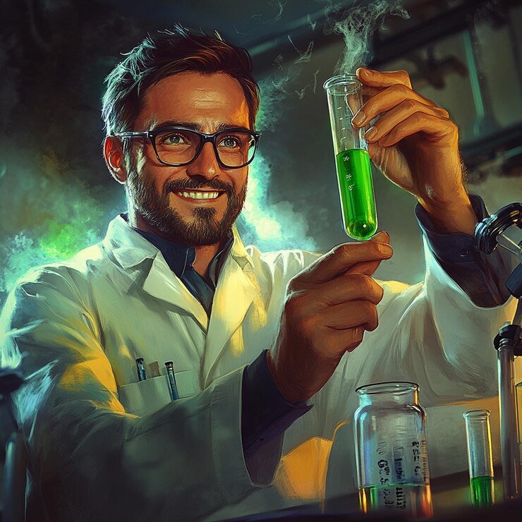 Cheerful Scientist in Action Laboratory Illustration