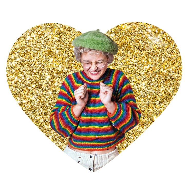 Photo cheerful woman png badge sticker gold glitter heart shape transparent background