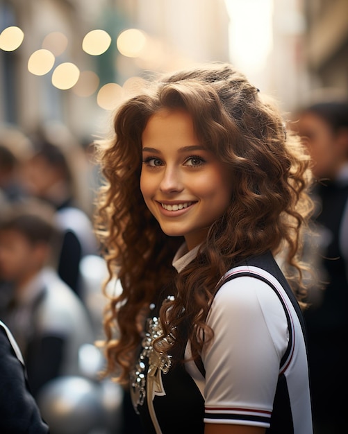 Cheerleader con i capelli ricci sorride alla telecamera