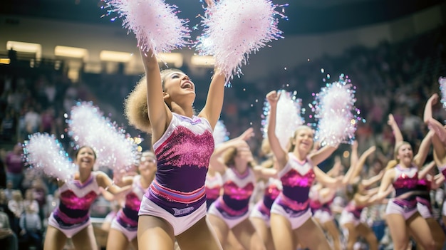 Cheerleader energiche che si esibiscono in un evento sportivo all'interno