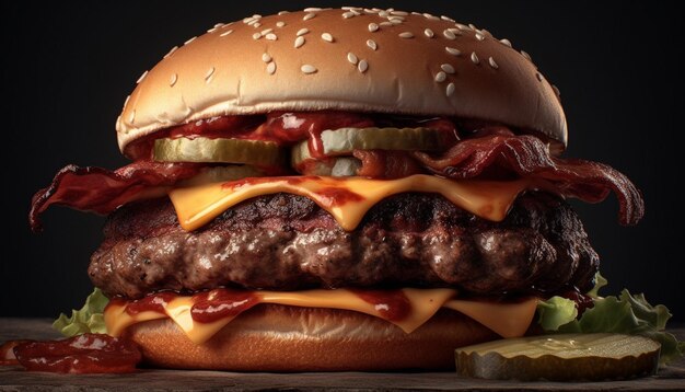 Cheeseburger alla griglia con pomodoro e cipolla su un panino al sesamo generato dall'intelligenza artificiale