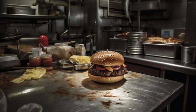 Cheeseburger alla griglia su panino con pomodoro e patatine fritte generato dall'intelligenza artificiale