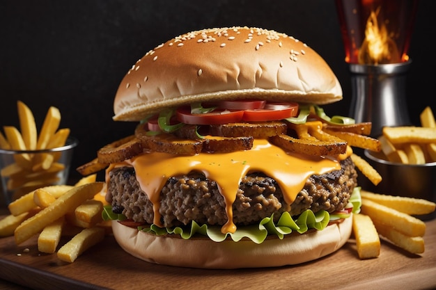 Cheeseburger con formaggio extra su una tavola di legno