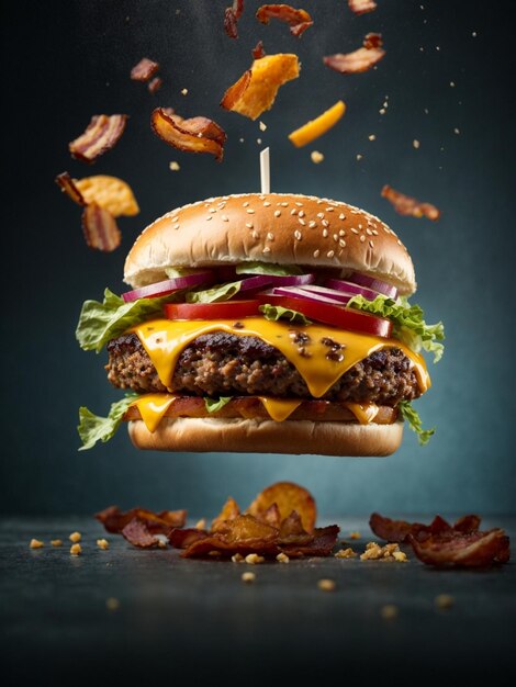 Cheeseburger con pancetta e patatine fritte in illuminazione in studio e sfondo fotografia cinematografica di cibo