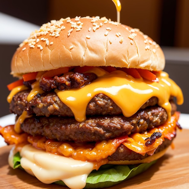 Cheeseburger deliziosamente succoso coperto di formaggio fuso con patatine fritte dorate croccanti