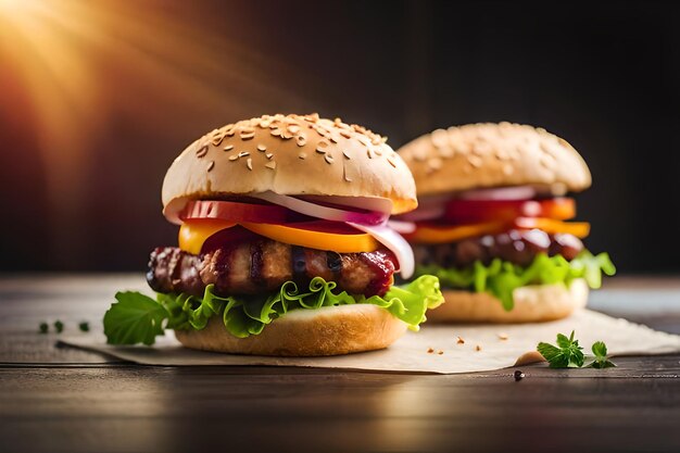 Cheeseburger doppio su tavola di legno Bandiera larga e lunga