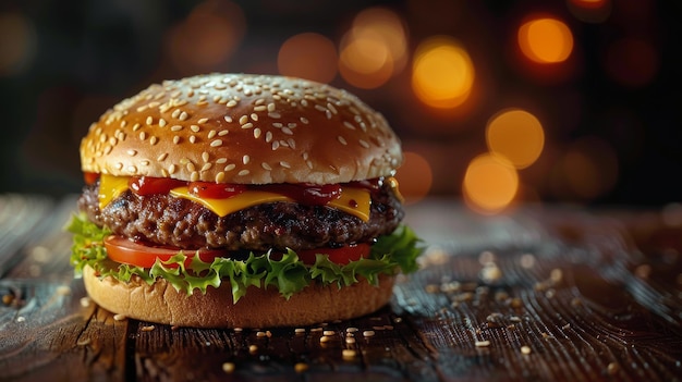 Cheeseburger e patatine fritte su un tavolo di legno