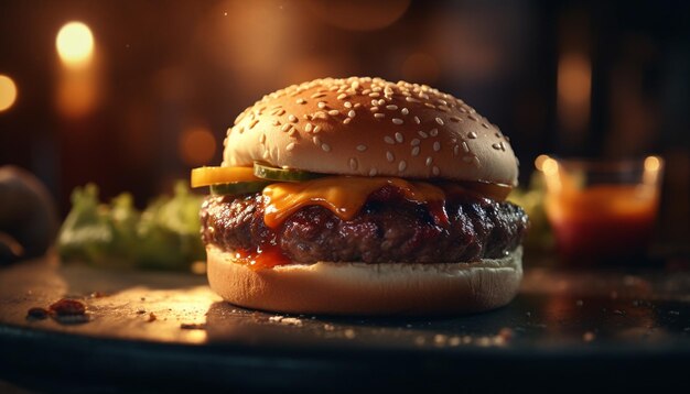 Cheeseburger gourmet alla griglia su tavolo rustico con pomodoro fresco e patatine generate dall'intelligenza artificiale