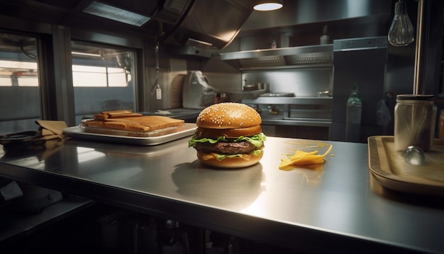 Cheeseburger gourmet appena grigliato su un rustico tavolo di legno per il pranzo generato dall'intelligenza artificiale