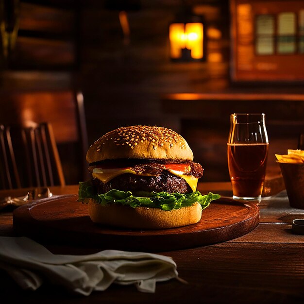 Cheeseburger gourmet su un tavolo rustico in una taverna ristorante scarsamente illuminato sullo sfondo