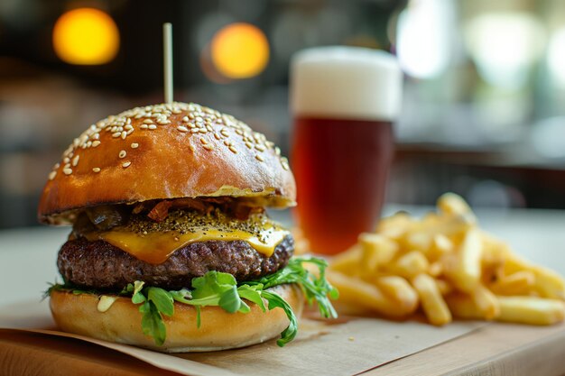 Cheeseburger gourmet su una tavola di legno sullo sfondo sfocato dell'interno del ristorante