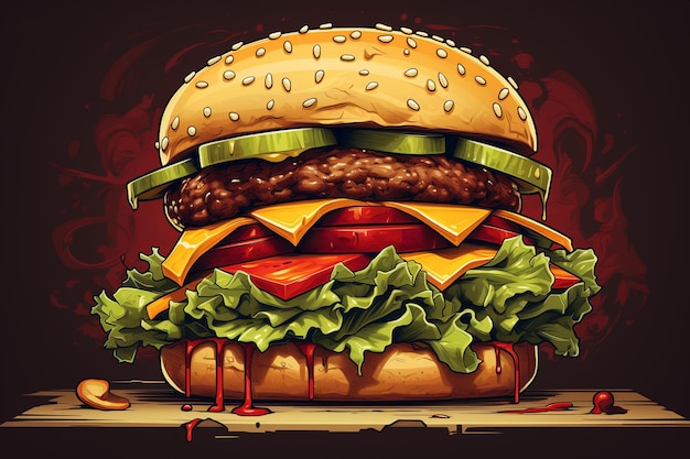 Cheeseburger su un tavolo di legno con uno sfondo nero