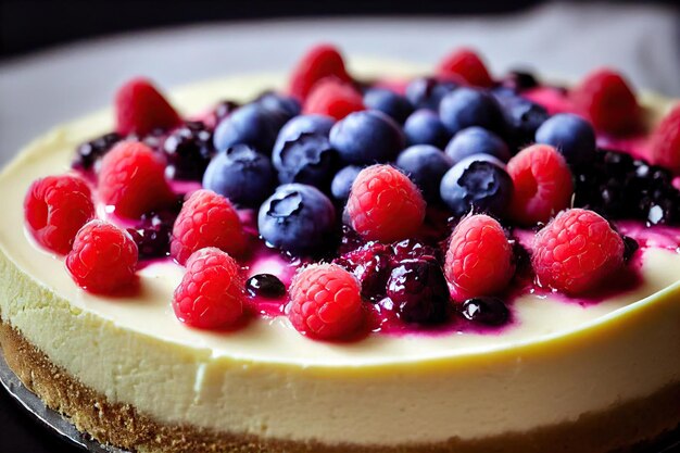 Cheesecake ai frutti di bosco con decorazione a forma di frutti di bosco bolliti in sciroppo dolce