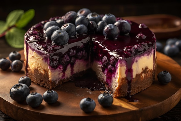 Cheesecake ai mirtilli con una fetta estratta