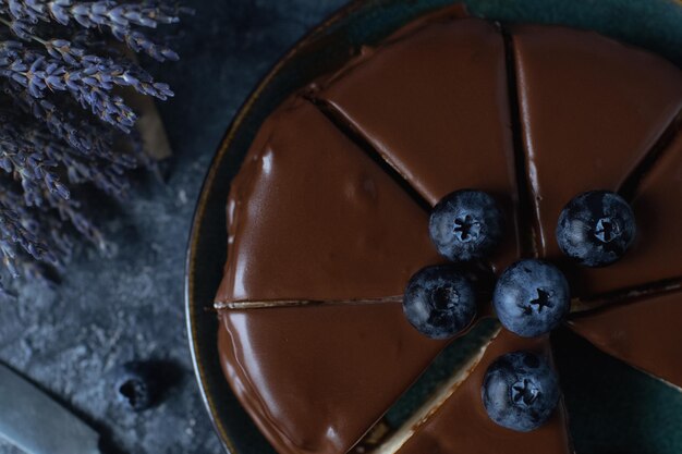 Cheesecake ai mirtilli fatta in casa con topping al cioccolato e frutti di bosco freschi biologici