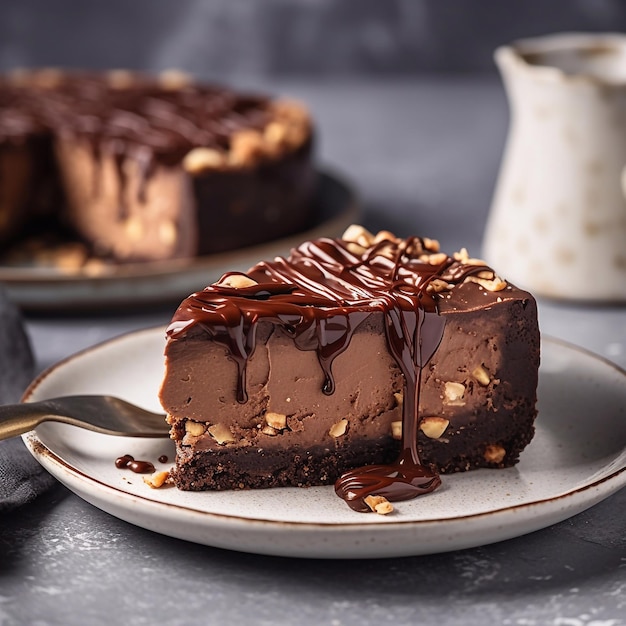 Cheesecake al cioccolato decorata con frutti di bosco noci e glassa al cioccolato IA generativa