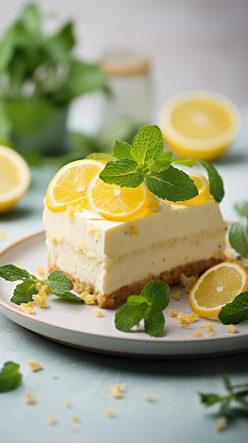 Cheesecake al limone dolcezza piccante con foglie di menta e fiori delicati