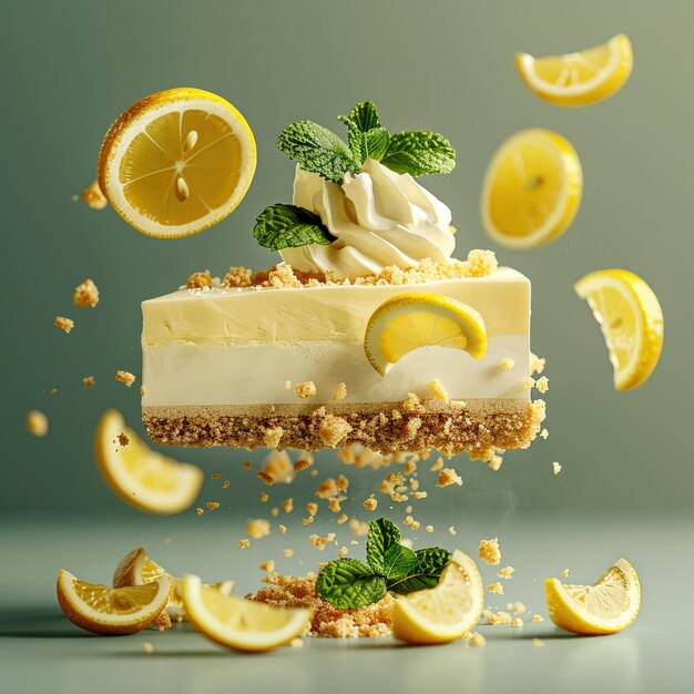 Cheesecake al limone fresco con fette di limone volanti a base friabile