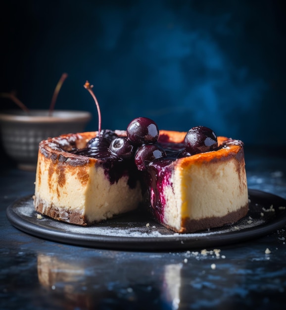 Cheesecake basco bruciato con ciliegie in cima sullo sfondo blu