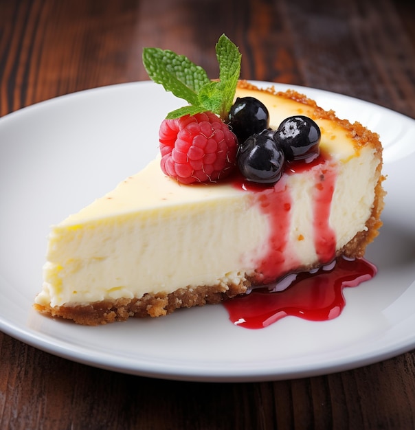 cheesecake con bacche in cima al piatto bianco