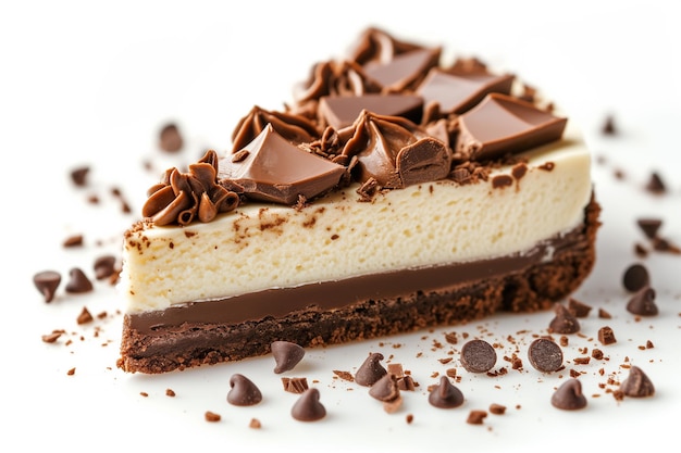 Cheesecake con cioccolato su sfondo bianco