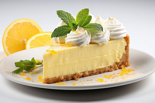 Cheesecake con crema al limone su sfondo bianco