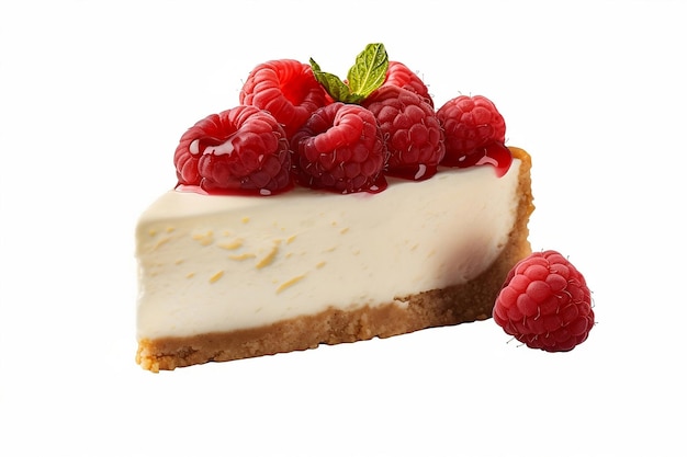 Cheesecake con lamponi freschi isolati su sfondo bianco AI generativa